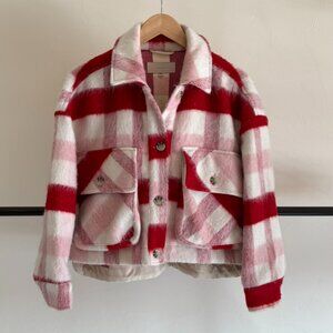 Anthropologie Blank NYC Pink Red & White Cherry Pick Plaid Cropped Jacket S